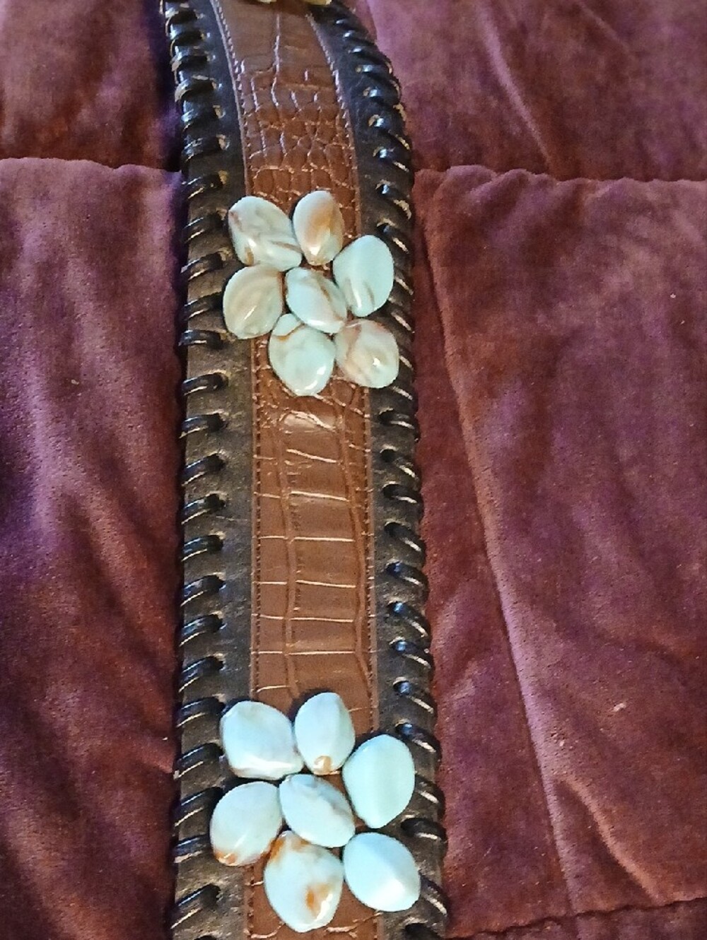 Source Unknown Brown Leather Belt with Turquoise Flower Details